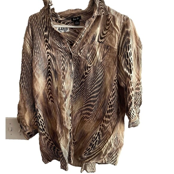 Vtg Zoe D. Animal Print 100% Linen Button Front Blouse Large Brown Classic Work - Picture 1 of 5